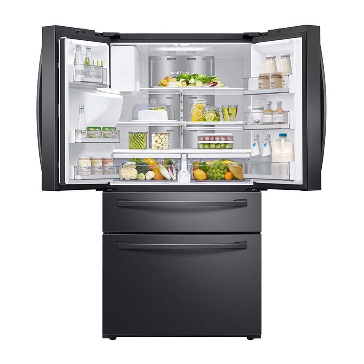 Samsung 662L French Door Fridge SRF662BFH4, Top open, full of food items, and bottles