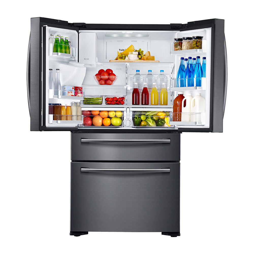 Samsung 680L French Door Fridge SRF677CDBLS, Top open, full of food items, and bottles