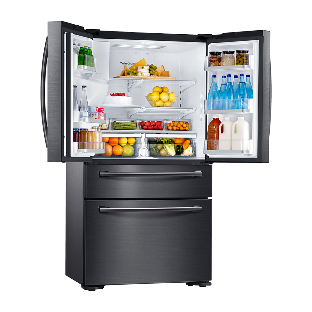 Samsung 680L French Door Fridge SRF677CDBLS, Front right view with door open