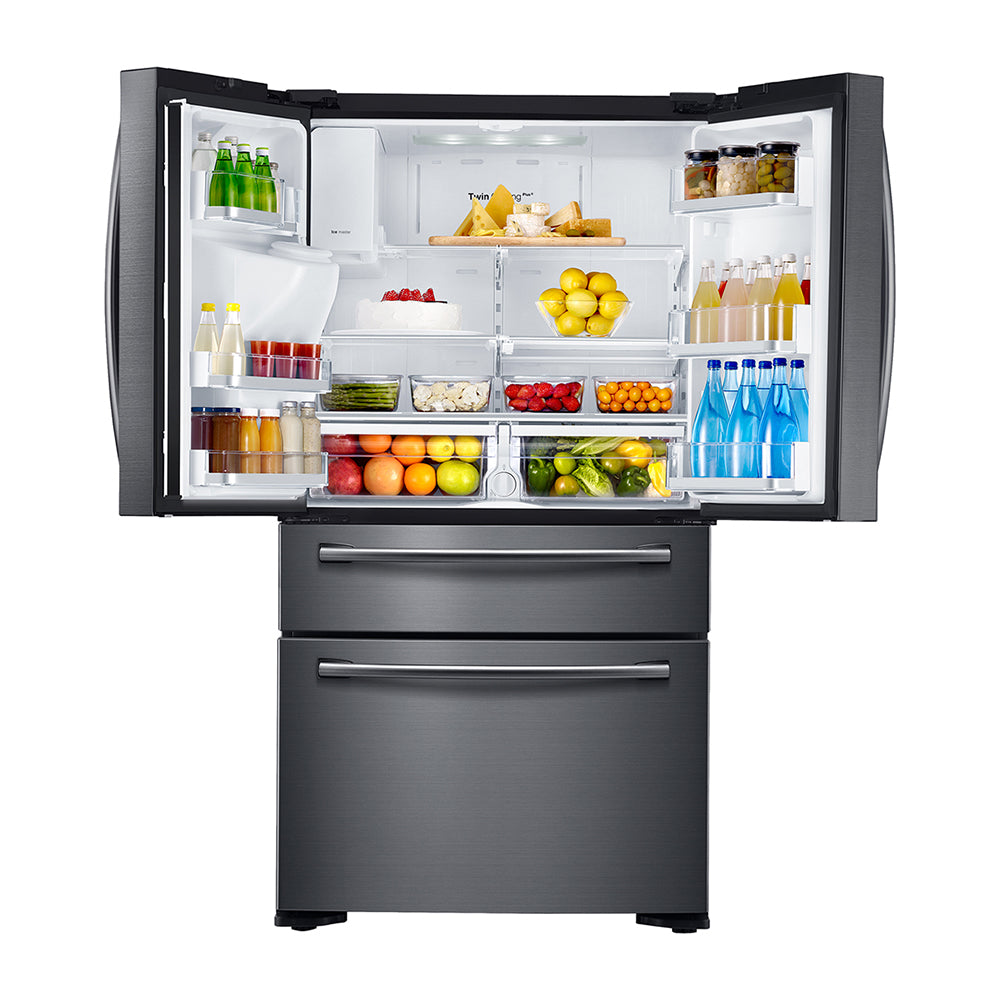 Samsung 680L French Door Fridge SRF677CDBLS, Top open, full of food items, and bottles