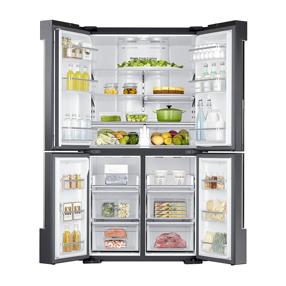 Samsung 714L French Door Fridge SRF714NCDBLS, Front view with doors open, full of food items, and bottles