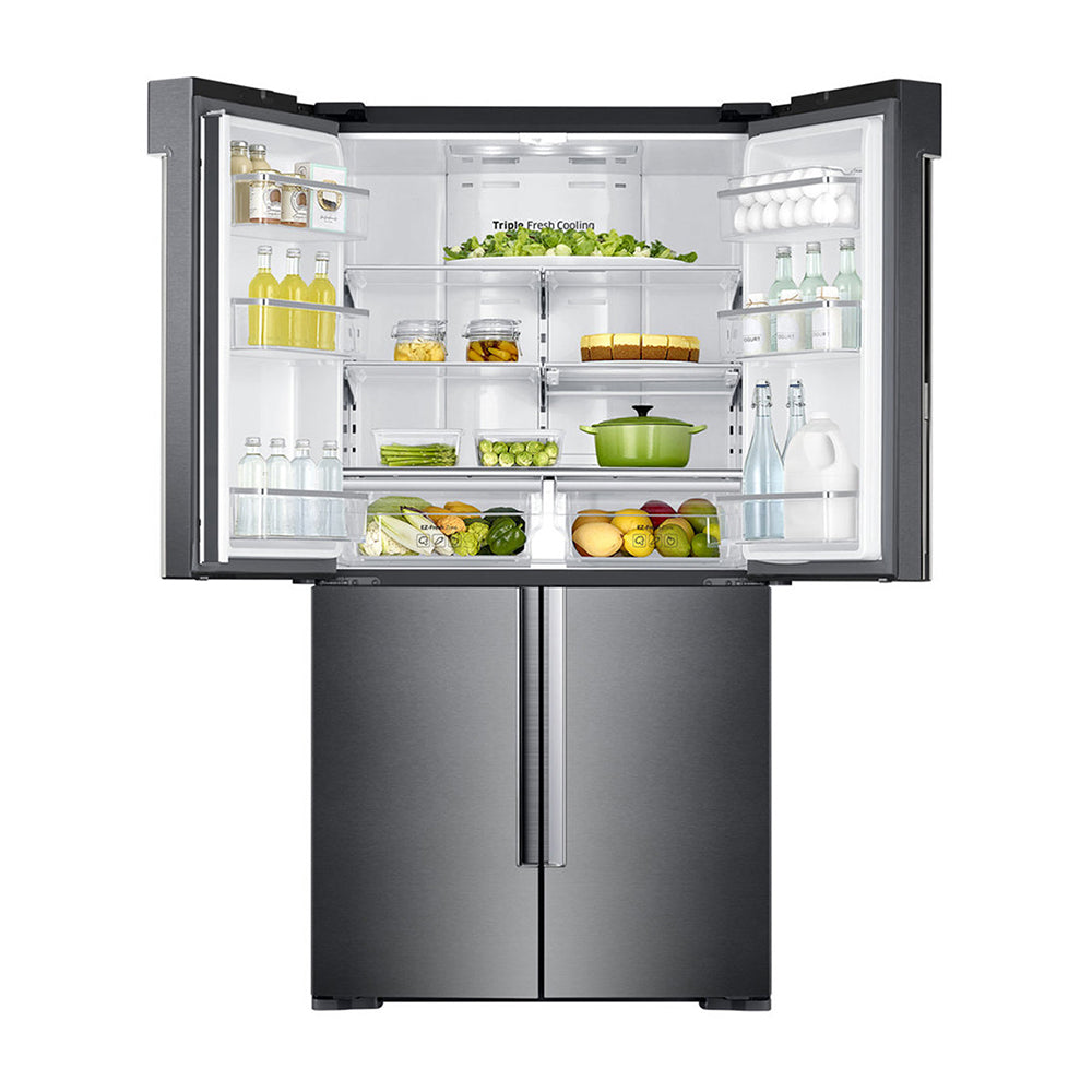 Samsung 714L French Door Fridge SRF714NCDBLS, Top open, full of food items, and bottles