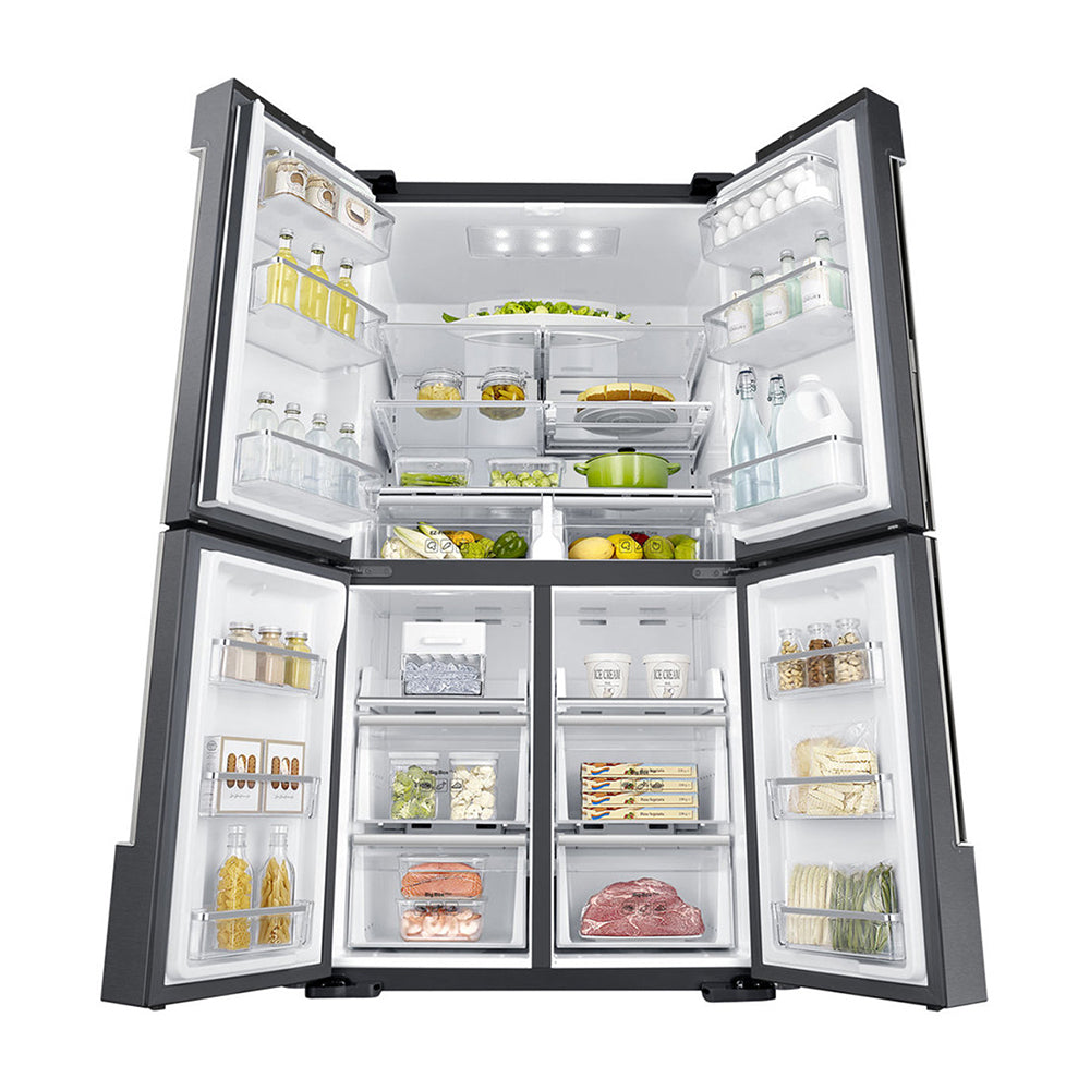 Samsung 714L French Door Fridge SRF714NCDBLS, Front view with doors open, full of food items, and bottles