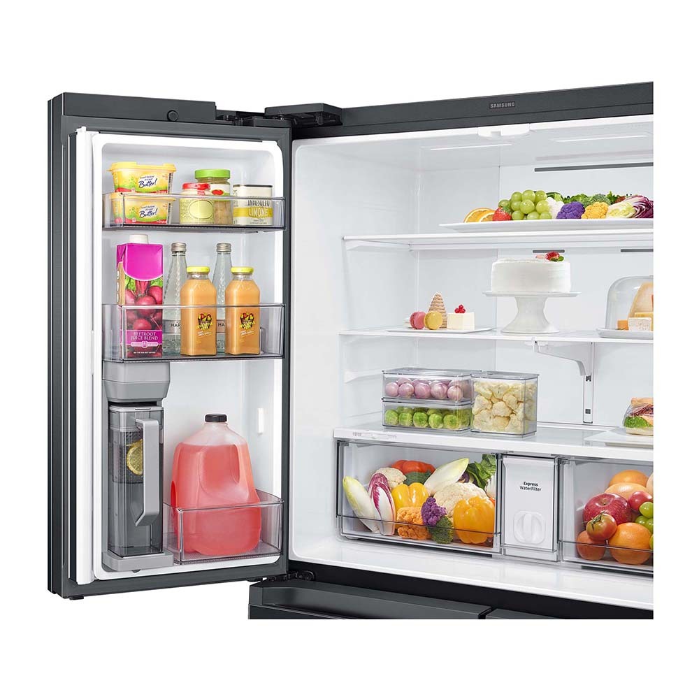 Samsung 649L French Door Fridge Black SRF7300BA, Top open, full of food items, and bottles