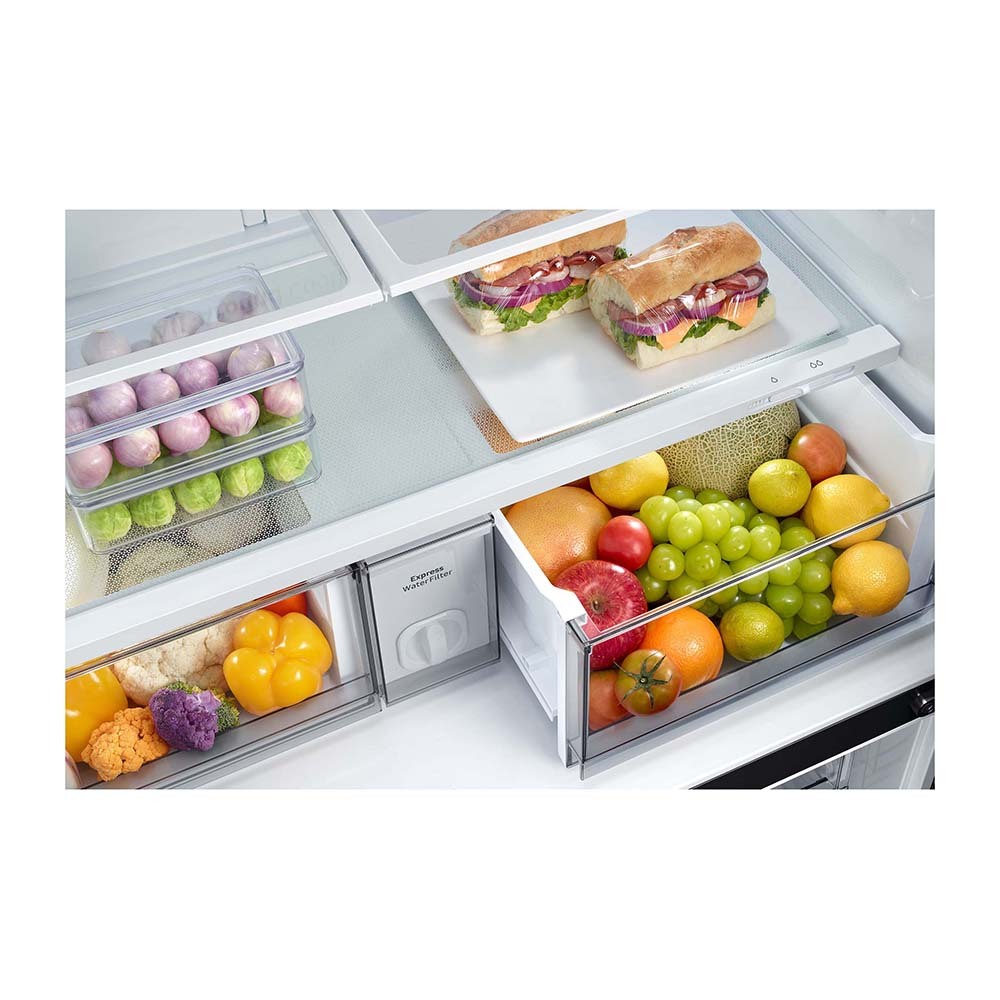 Samsung 649L French Door Fridge Black SRF7300BA, Glass shelf and vegetable crisper drawer view, full of vegetables and fruits