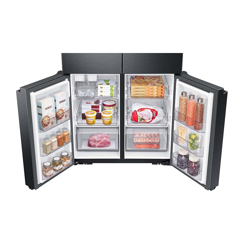 Samsung 649L French Door Fridge Black SRF7300BA, Bottom open with food items