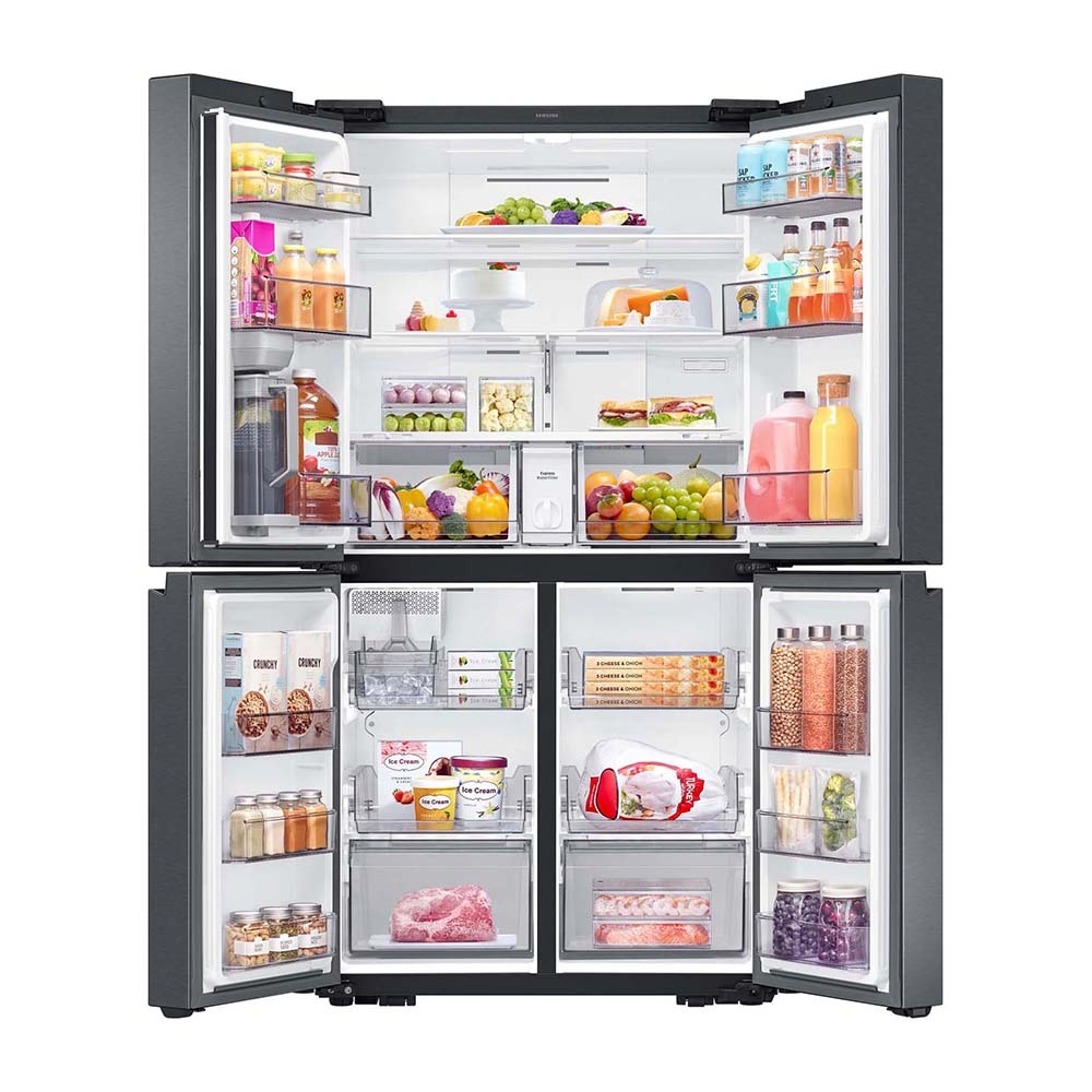 Samsung 649L French Door Fridge Black SRF7300BA, Front view with doors open, full of food items, and bottles