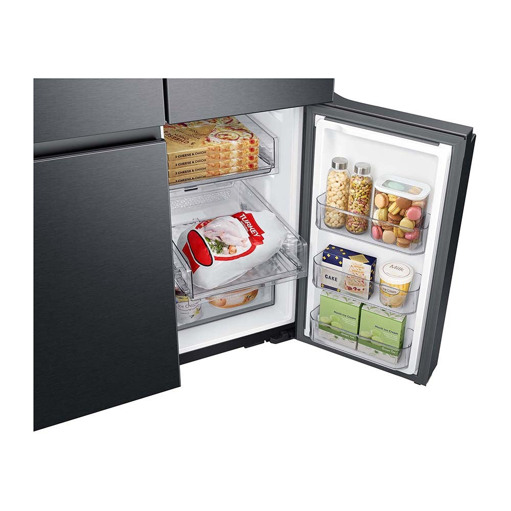 Samsung 637L Family Hub French Door Fridge Black SRF9300BFH, Bottom single door open with food items