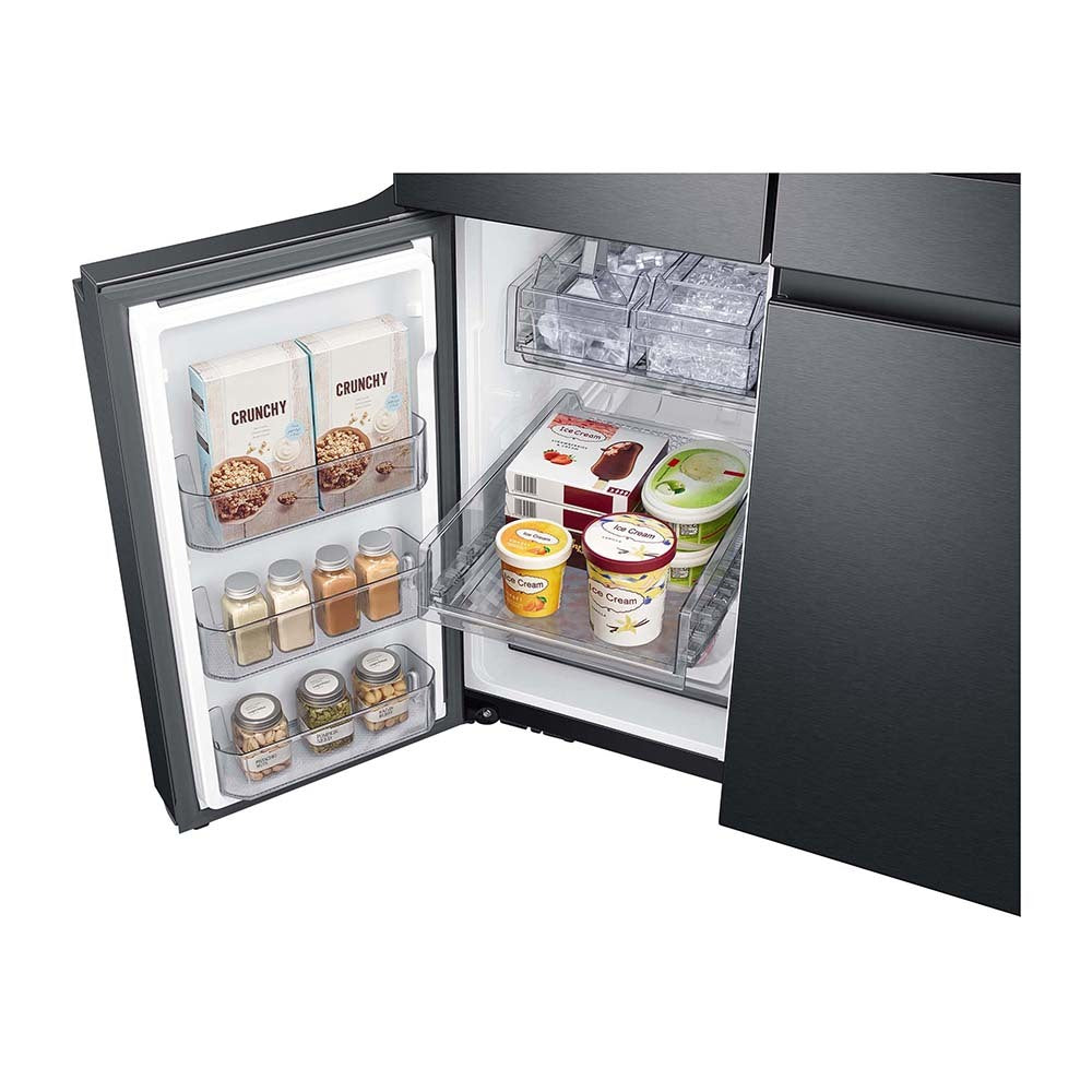 Samsung 637L Family Hub French Door Fridge Black SRF9300BFH, Bottom freezer view with open door full of chocolate and ice cream