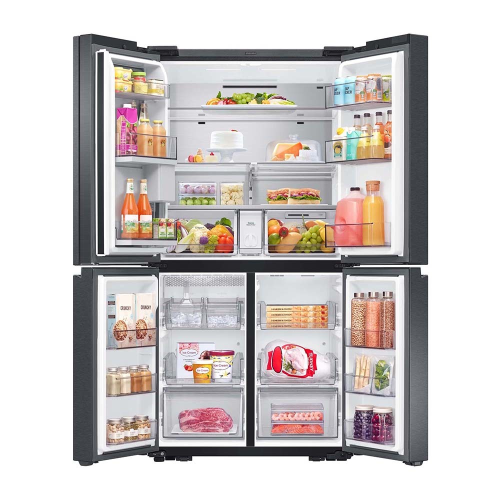 Samsung 637L Family Hub French Door Fridge Black SRF9300BFH, Front view with doors open, full of food items, and bottles