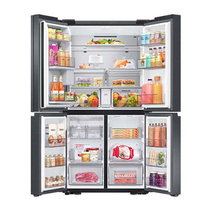 Samsung 637L Family Hub French Door Fridge Black SRF9300BFH, Front view with doors open, full of food items, and bottles