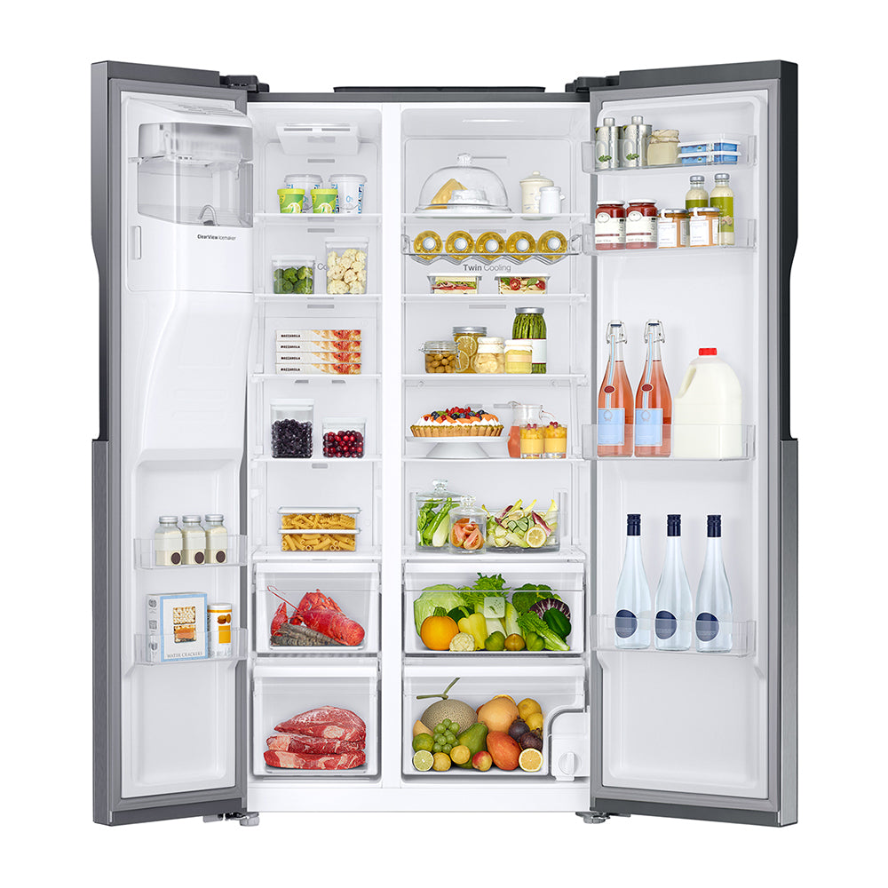 Samsung 589L Side By Side Fridge SRS588DLS, Front view with doors open, full of food items, and bottles