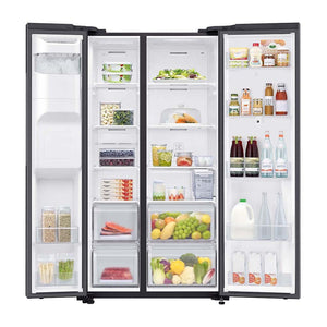 Samsung 616L Family Hub Side By Side Fridge Black SRS656MBFH4, Front view with doors open, full of food items, and bottles