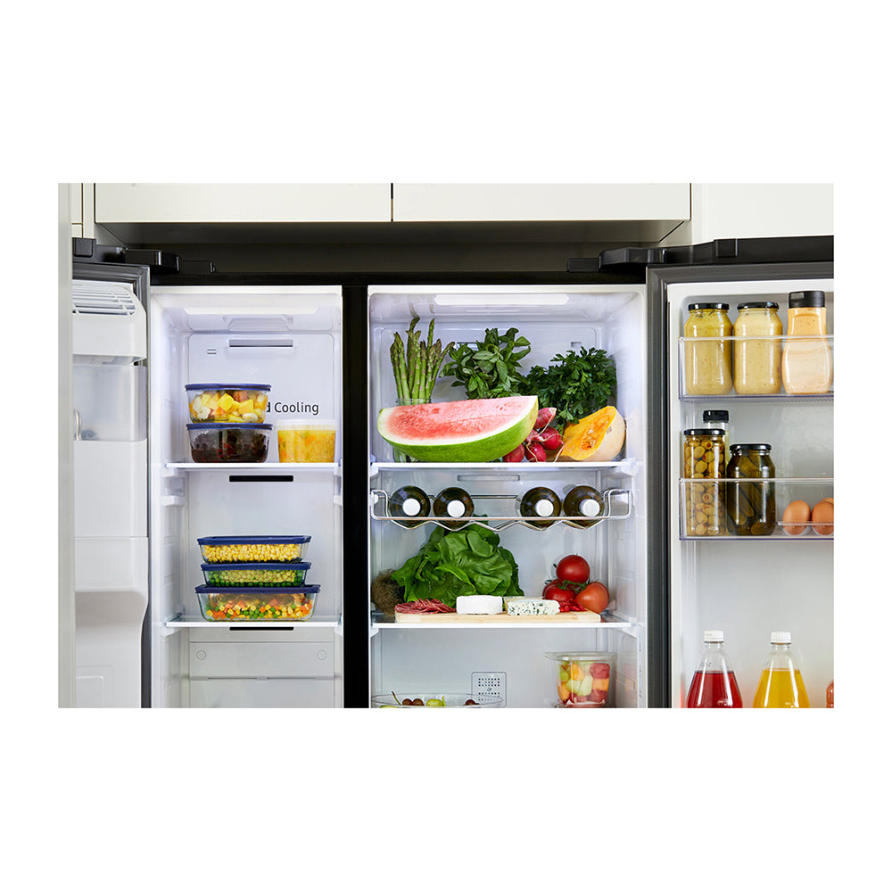 Samsung 635L Side By Side Fridge Black SRS673DMB, Front view with doors open, full of food items, and bottle