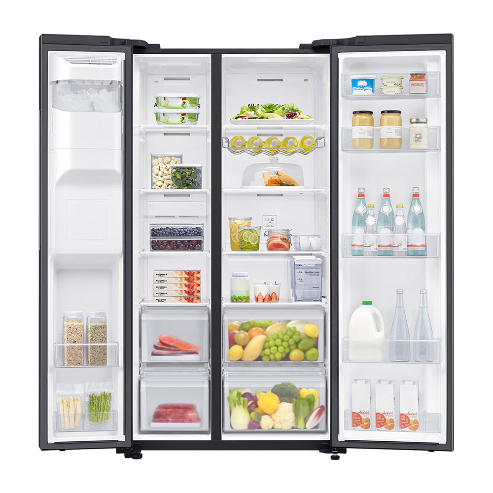 Samsung 635L Side By Side Fridge Black SRS673DMB, Front view with doors open, full of food items, and bottles