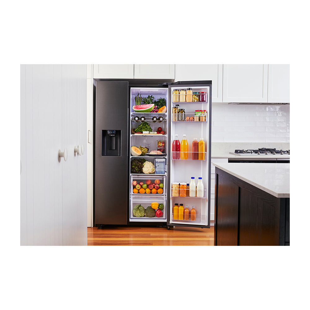 Samsung 635L Side By Side Fridge Black SRS673DMB, Front view with single door open, full of food items, and bottles