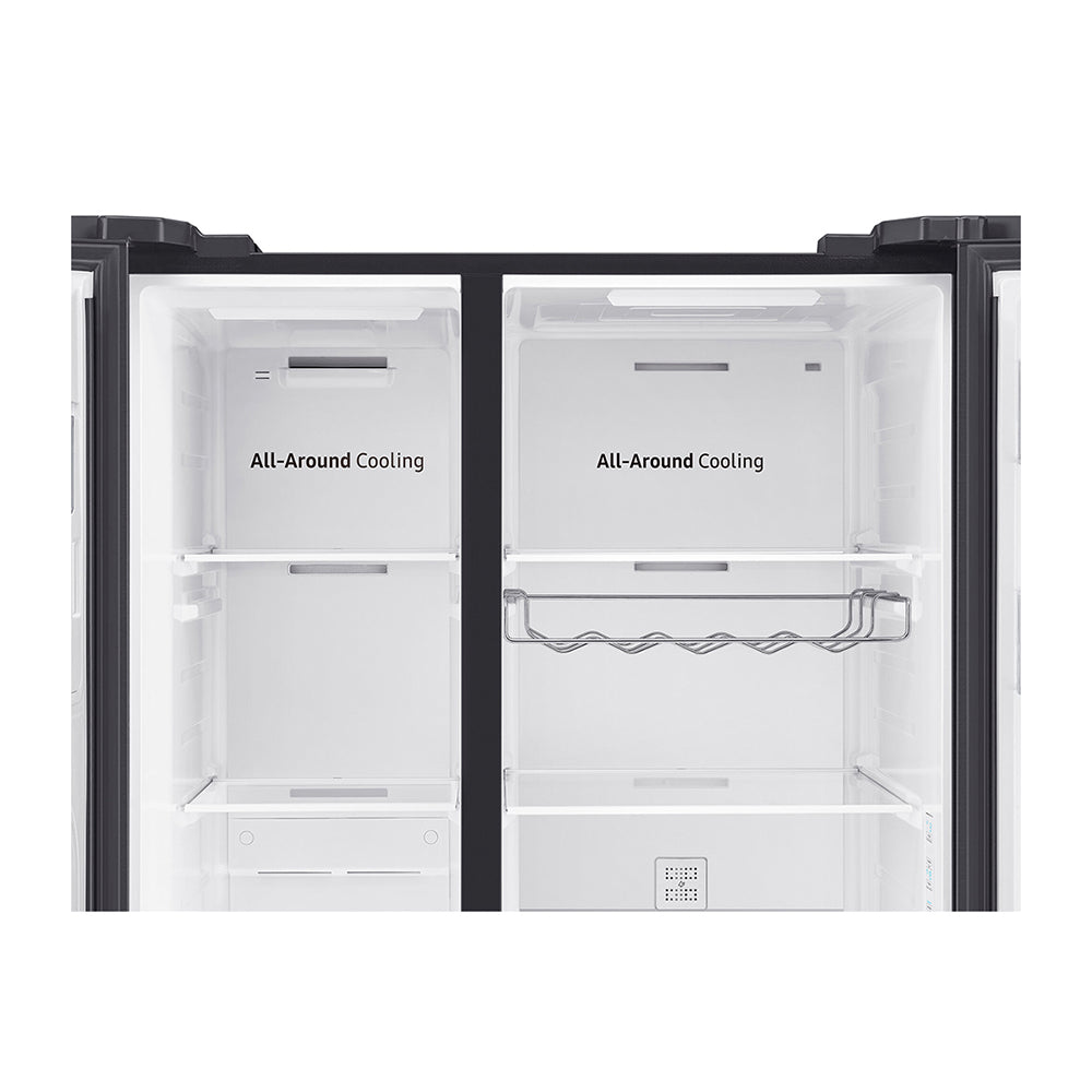 Samsung 635L Side By Side Fridge Black SRS673DMB, Glass shelf view and bottle holder rack view