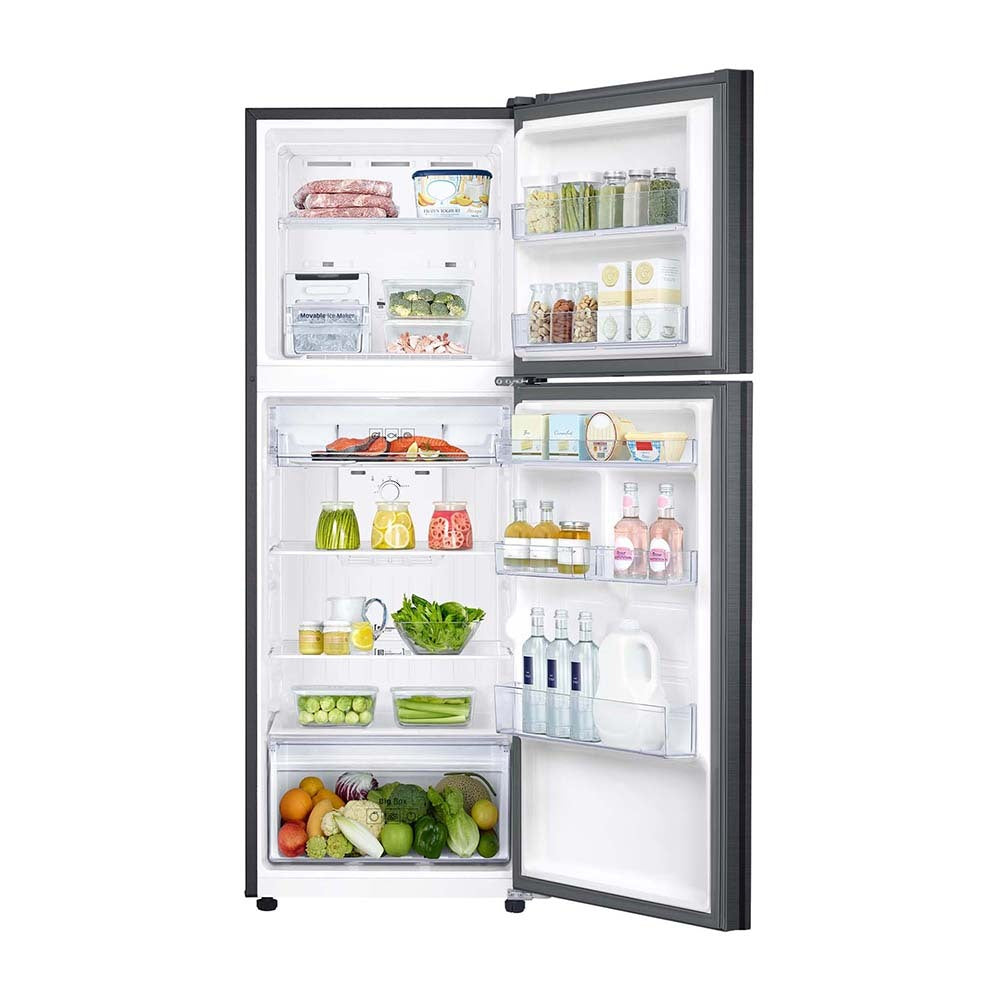 Samsung SRT3100B 305L Top Mount Refrigerator, Front view with open doors, full of food items, and bottles