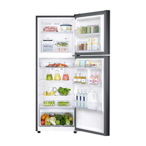 Samsung SRT3100B 305L Top Mount Refrigerator, Front view with open doors, full of food items, and bottles