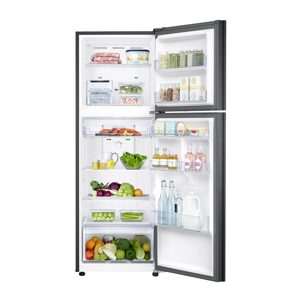 Samsung 326L Top Mount Fridge Black SRT3300B, Front view with doors open, full of food items, and bottles