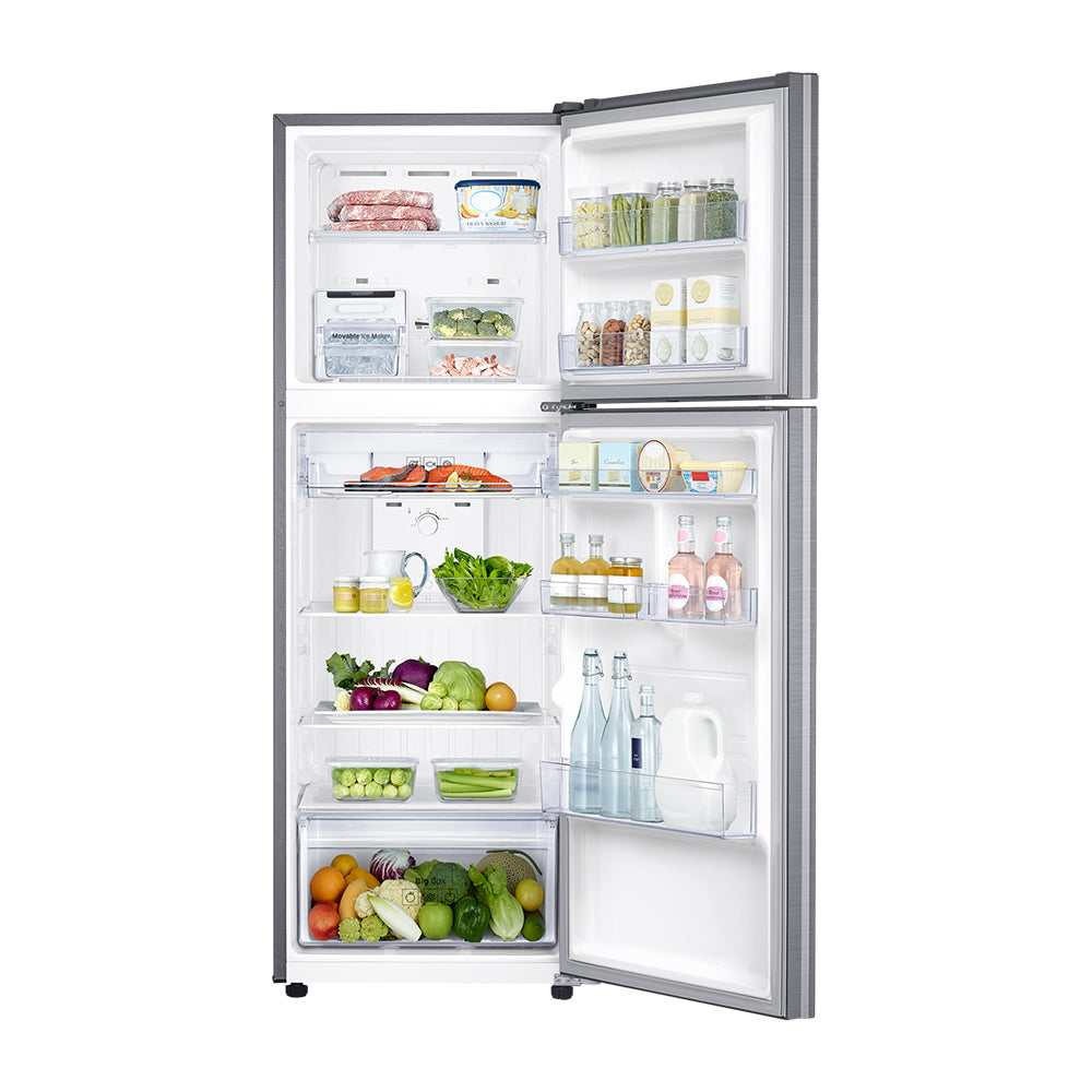 Samsung 326L Top Mount Fridge Stainless Steel SRT3300S, Front view with doors open, full of food items, and bottles