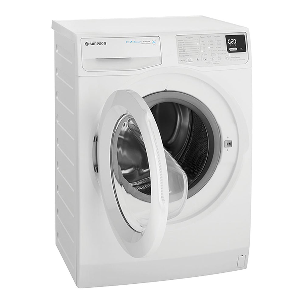 Simpson 8kg Ezi Front Load Washing Machine SWF8025DQWA, Front view with door open