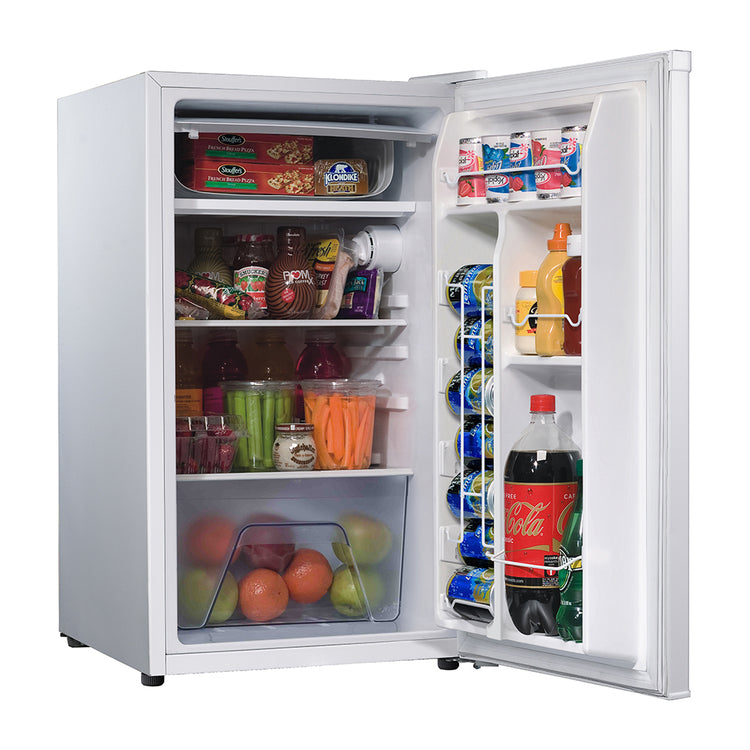 Teco TBF117WMDAG 117L Bar Fridge White, Front right view with open door full of food items and bottles