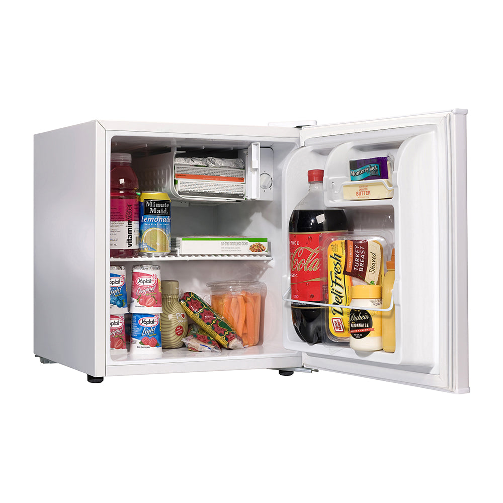 Teco TBF45WMAG 45L Bar Fridge White, Front right view door open, full of food items and bottle