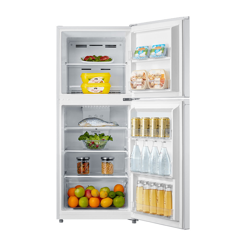 TECO TFF203WNTDM 203L Top Mount Fridge White, Front view with open doors, full of food items, and bottles