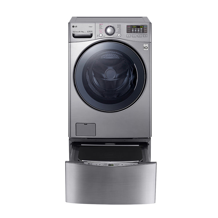 LG 17.5Kg Stainless Steel Twin Load Washing Machine TWIN171215S, Front view with mini washer open