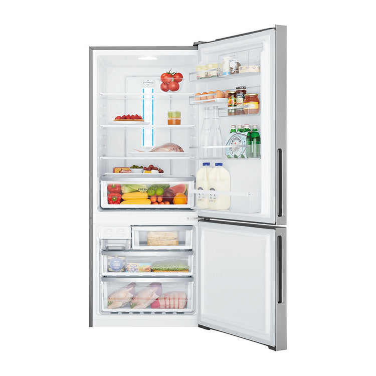Westinghouse 425L Bottom Mount Fridge WBE4302ACR, Front view with door open, , full of food items, and bottles