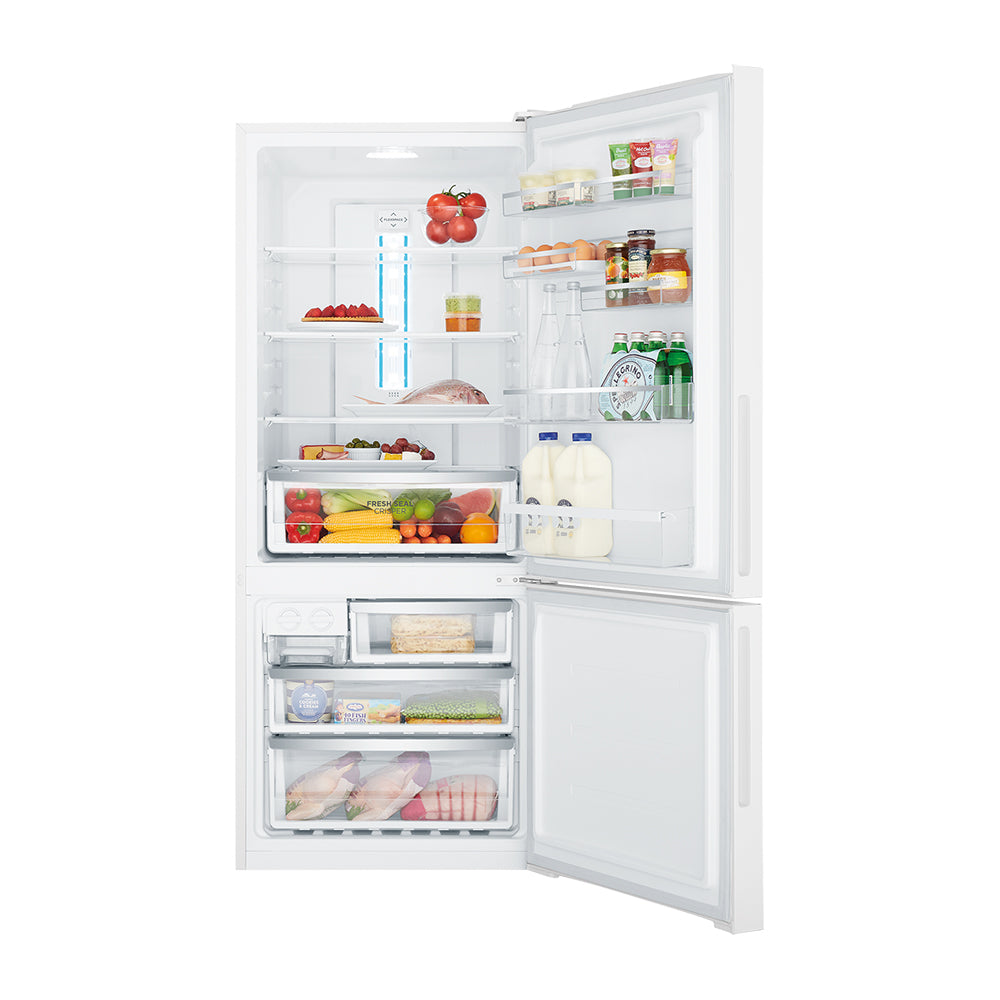 Westinghouse WBE4302WCR 425L Bottom Mount Fridge White, Front view with door open filled with groceries, food and drinks