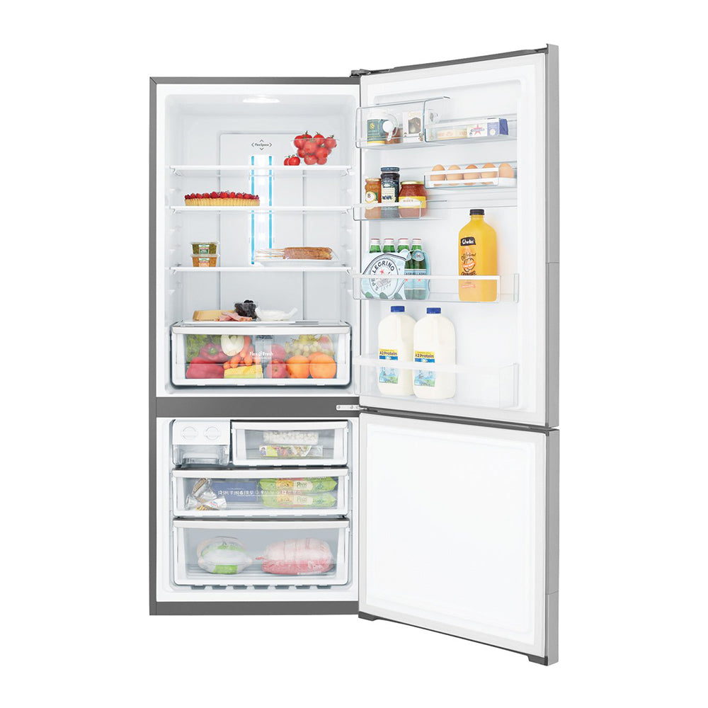 Westinghouse 453L Bottom Mount Fridge Stainless WBE4500SAR, Front view with open doors, full of food items, and bottles