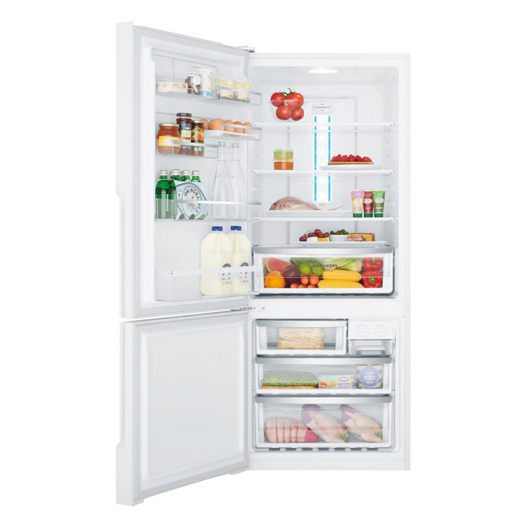 Westinghouse WBE4500WBL 453L Bottom Mount Fridge White, Front view with open doors, full of food items, and bottles