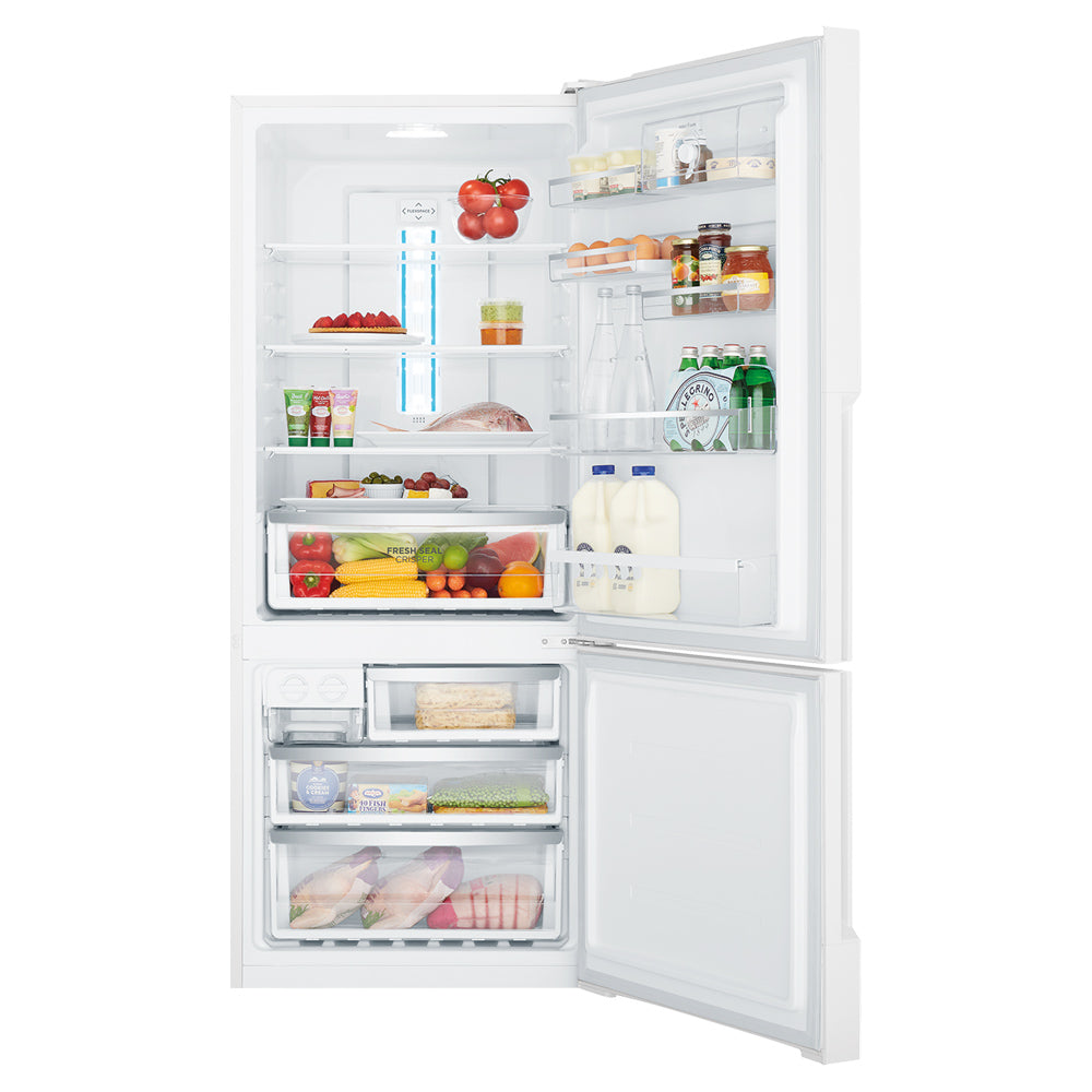 Westinghouse 425LBottom Mount Fridge White WBE4500WCR, Front view with open doors, full of food items, and bottles