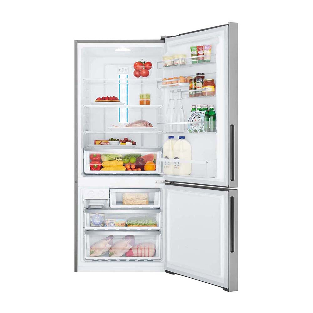 Westinghouse WBE4502SBR 453L Bottom Mount Fridge Stainless, Front view with open doors, full of food items, and bottles