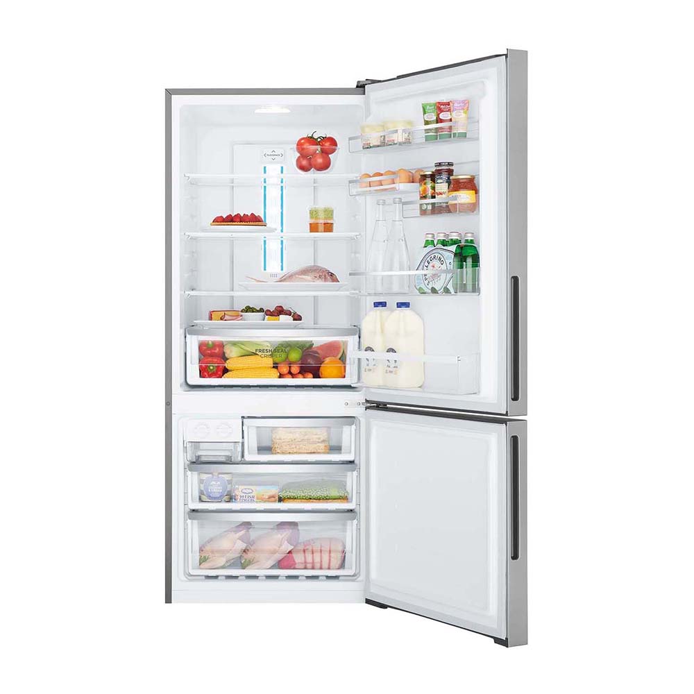 Westinghouse WBE4502SCR 453L Bottom Mount Fridge Stainless, Front view with open doors, full of food items, and bottles