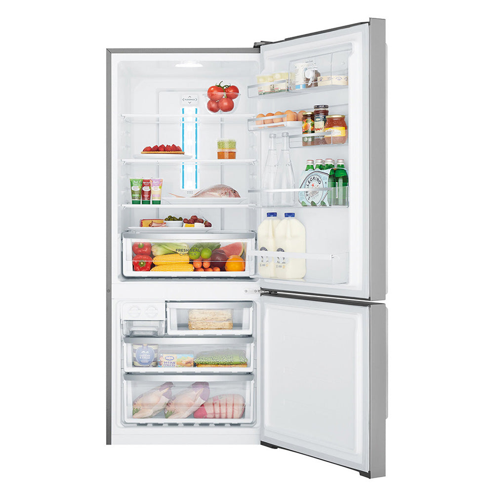Westinghouse WBE4504SCR 425L Stainless Steel Bottom Mount Fridge WBE4504SC-R, Front view with door open filled with groceries and drinks