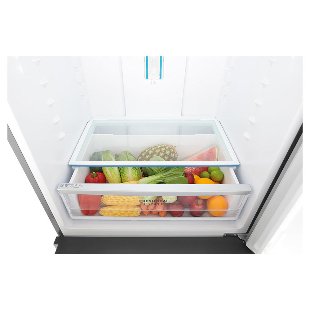 Westinghouse WBE5300SBL 528L Bottom Mount Fridge Stainless, Glass shelf and vegetable crisper drawer view 