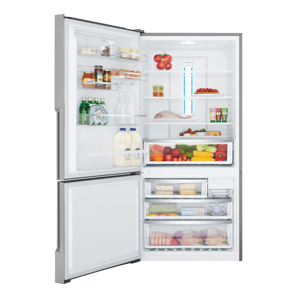 Westinghouse WBE5300SBL 528L Bottom Mount Fridge Stainless, Front view with open doors, full of food items, and bottles