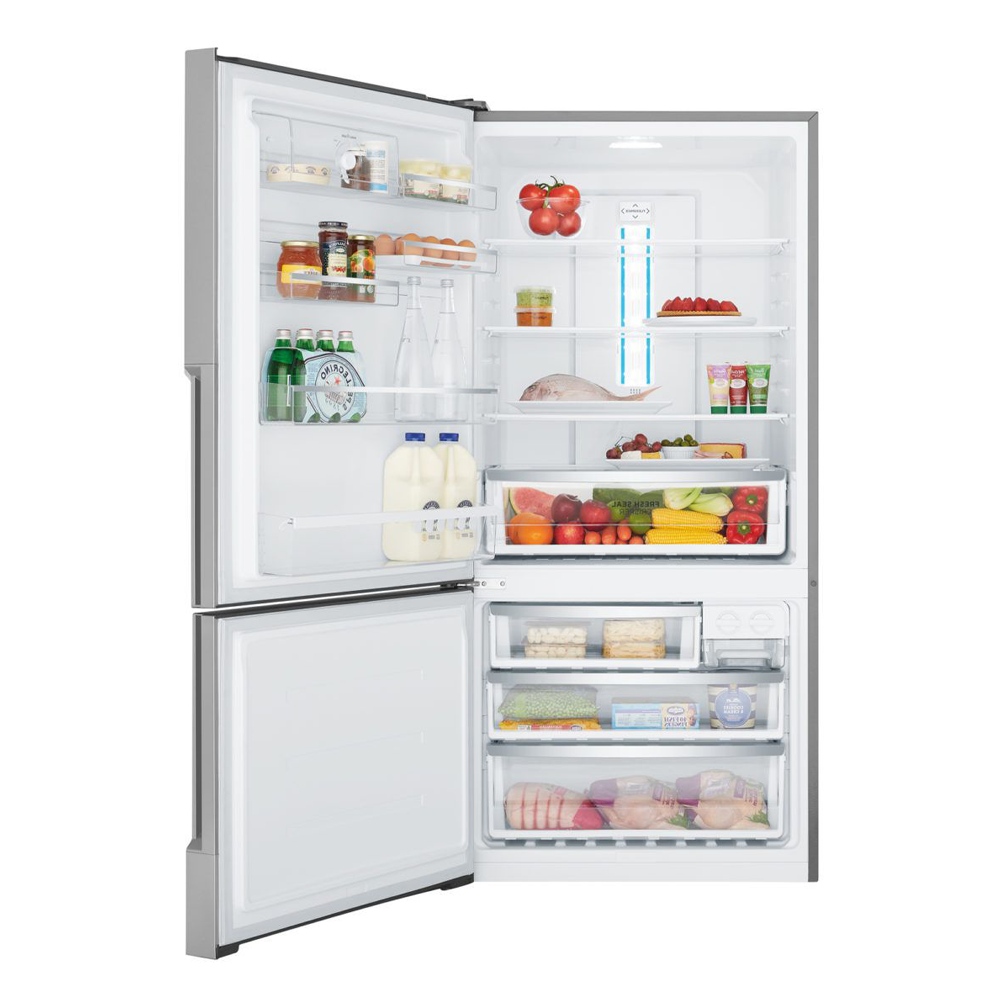 Westinghouse WBE5300SC-L 496L Bottom Mount Fridge Stainless Steel, Front view with open doors, full of food items, and bottles