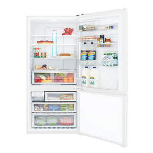 Westinghouse WBE5300WAR 528L Bottom Mount Fridge White, Front view with open doors, full of food items, and bottles