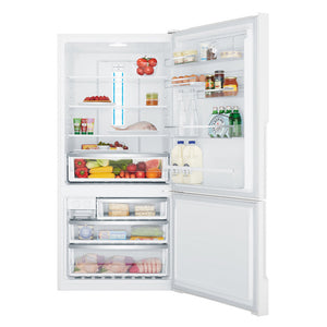 Westinghouse WBE5300WBR 528L Bottom Mount Fridge White, Front view with open doors, full of food items, and bottles
