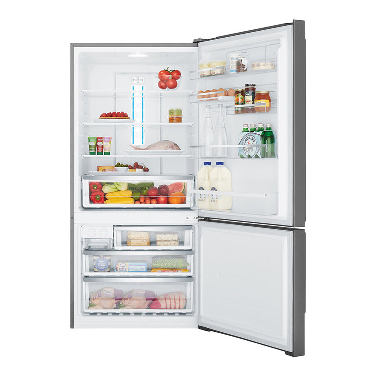 Westinghouse WBE5304BC-L 496L Bottom Mount Fridge Dark Stainless Steel, Front view with door open filled with groceries and drinks