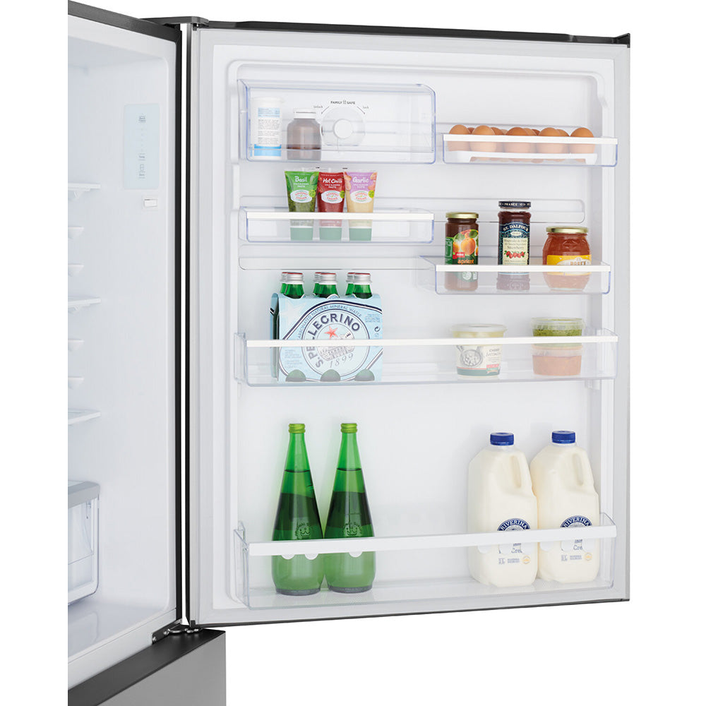 Westinghouse WBE5304BC-L 496L Bottom Mount Fridge Dark Stainless Steel, Door storage view filled with bottles and drinks
