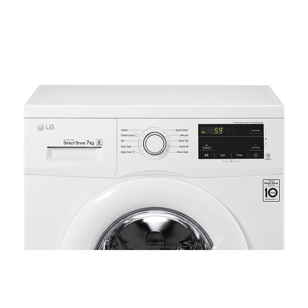 LG 7Kg Front Loading White Washing Machine WD1207ND, Panel perspective view