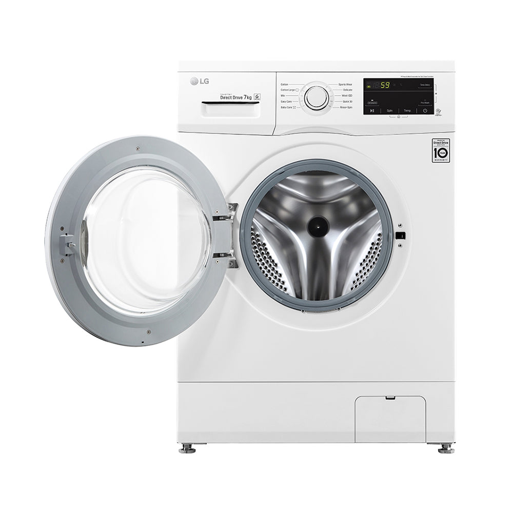 LG 7Kg Front Loading White Washing Machine WD1207ND, Front view with door open