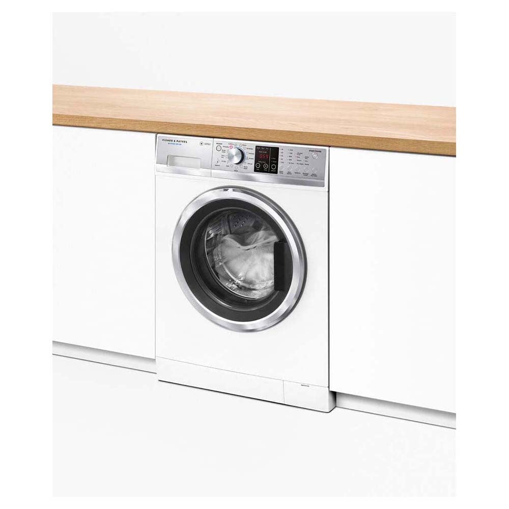 Fisher & Paykel 8.5 kg/5kg Washer Dryer Combo WD8560F1, Front left view in a cabinet 