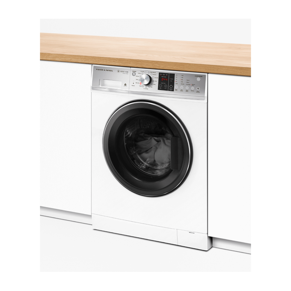 Fisher & Paykel 8.5kg Front Load Washing Machine WH8560P3, Front left view in a cabinet