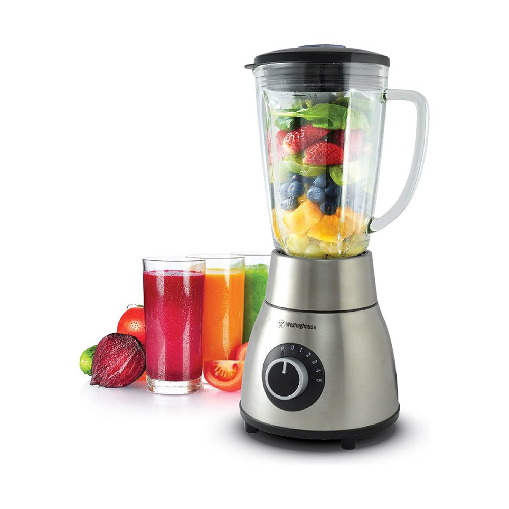 Westinghouse WHBL01SS 800W Blender, Front view, jug filled with fruits